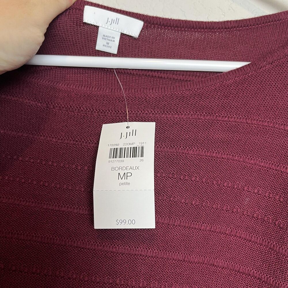 J Jill Sweater Womens MP Red Bordeaux Fringe Stripe Boat Neck Knit Pullover - Picture 2 of 6